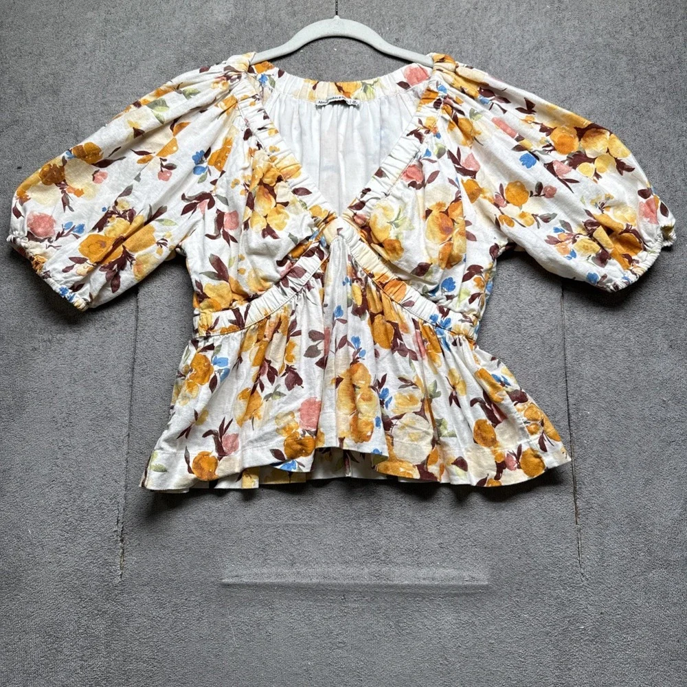 Abercrombie Puff Sleeve‎ Floral Linen Babydoll Top Cottagecore 2010s Y2K Revival